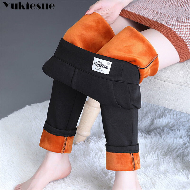 Pantalones cálidos de terciopelo para mujer, Leggings de cintura alta, Color sólido, coreano, cómodos, para mantener el calor, elásticos, para invierno