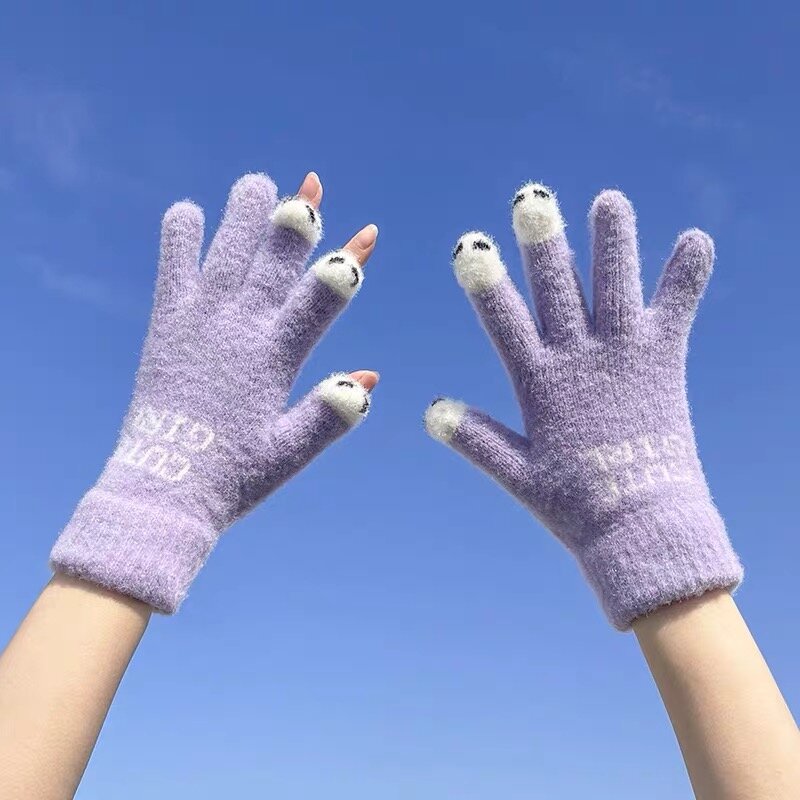 Cute Fingerless Gloves Wool Creative Warm Winter Office Knitted Five Colors Outdoor Skiing Cycling Elastic Cotton Wrist Glove