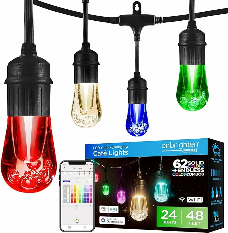 Enbrighten Premium  Color Changing String Lights, 48ft Black Cord, 24 Shatterproof Acrylic Bulbs,Weatherproof, Customizable