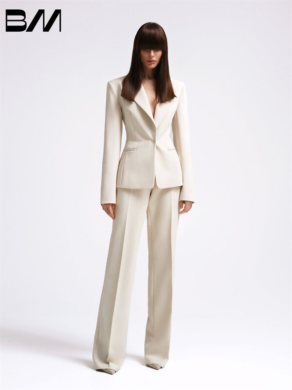 Terno feminino de duas peças, casaco elegante para casamento, conjunto de terno branco, 2024