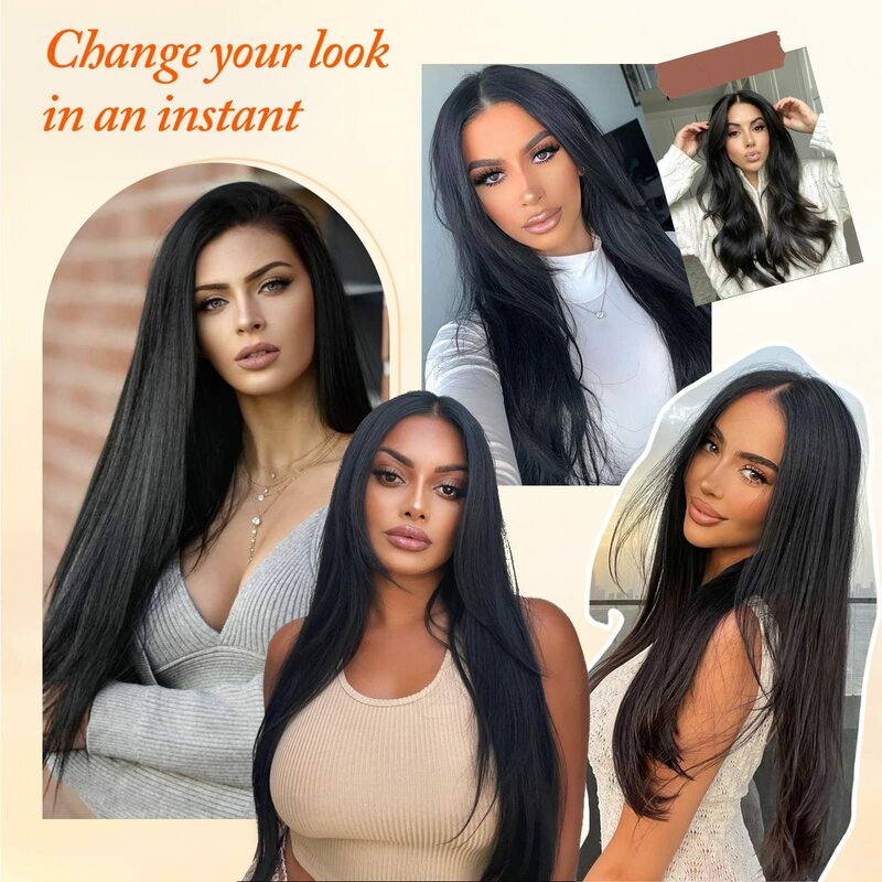 Extensão de cabelo natural longa reta preta para mulheres Ombre Hairpiece, fibra resistente ao calor, 16 clipes, penteado, 7pcs set