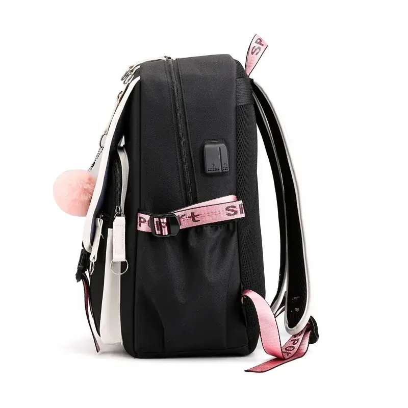 Tas sekolah besar untuk remaja perempuan, tas sekolah kanvas Port USB, tas buku siswa, tas ransel sekolah mode HITAM Pink remaja