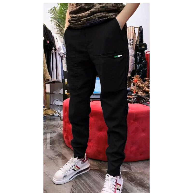 Men's Clothing New Spring Autumn Solid Color High Waist Drawstring Spliced Slim Fit Trendy Cotton and Linen Straight Trousers