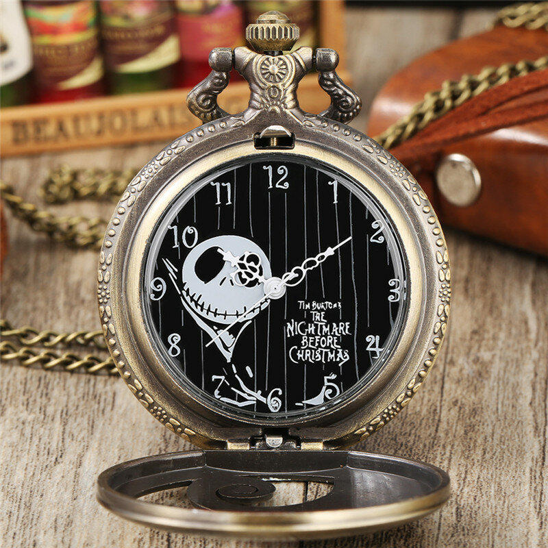 Antik Hitam/Perak/Emas Hollw Out Girl Skull Desain Uniseks Quartz Analog Pocket Watch Sweater Rantai Hadiah Malam Natal Reloj