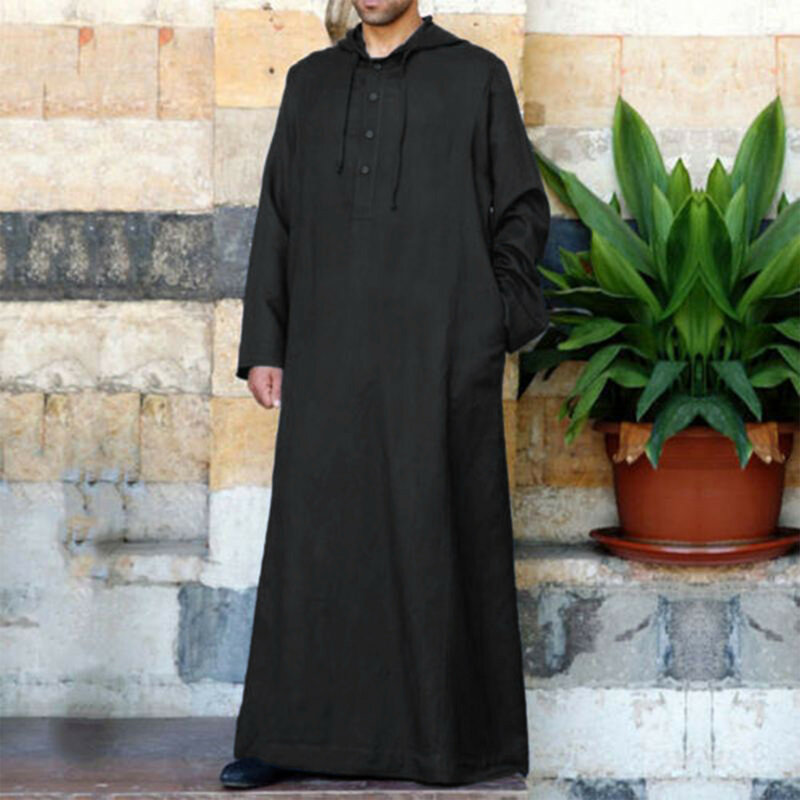 Muslim Men Jubba Thobe Long Sleeve Hooded Breathable Robe Male Thobe Robe Loose Dubai Saudi Arab Kaftan Solid Color Men Clothes