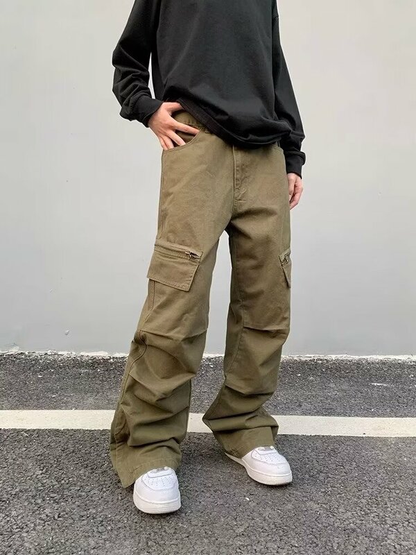 Зеленые мешковатые джинсы-карго Cyber Y2K, уличная одежда для мужчин и женщин, прямые длинные брюки на молнии с широкими штанинами, одежда для мужчин, 2024