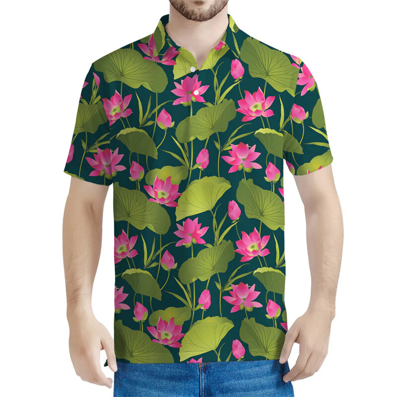 Camiseta floral impressa em 3D masculina, flor, folha, lótus, camisa polo padrão, camiseta casual de botão de rua, lapela mangas curtas, verão