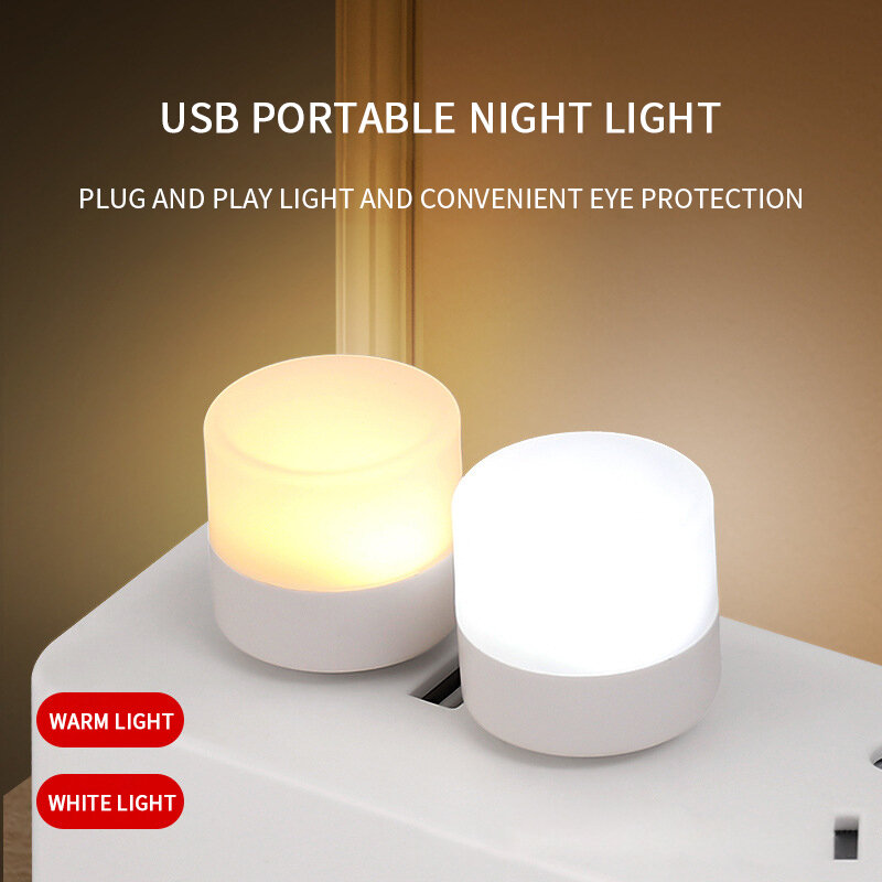 Mini luz nocturna USB blanca cálida, luz de lectura de libro de protección ocular, enchufe USB, computadora, carga de energía móvil, lámpara LED de noche