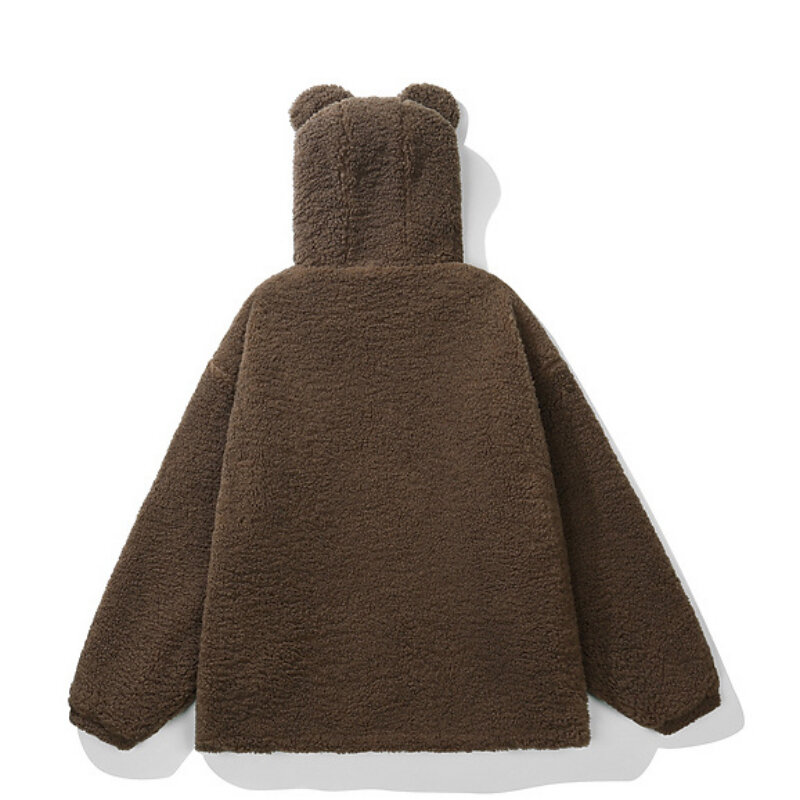 남성용 캐주얼 플러시 곰 귀 모자 코튼 재킷, 두껍고 따뜻한 루즈 코트, 레이지 스타일 스트리트 다목적 플리스 재킷