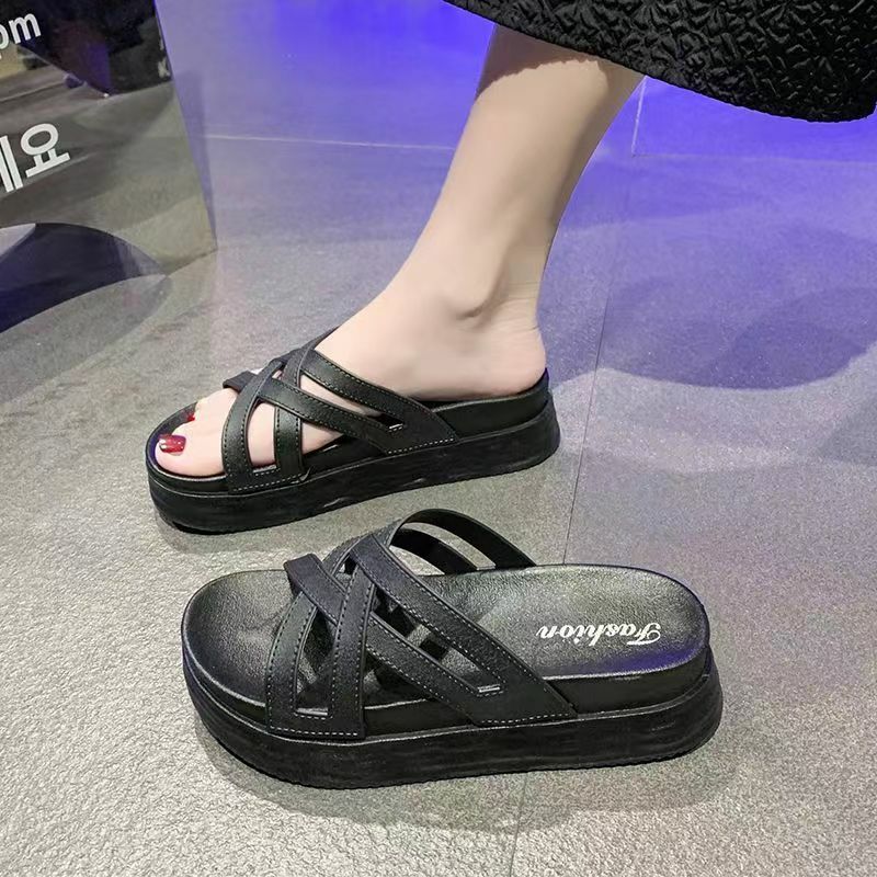 New Women's Summer One Word Wedges Slippers Thick Sole Non Slip Outdoor Beach Slippers Free Shipping Fashion Elevator Slippers