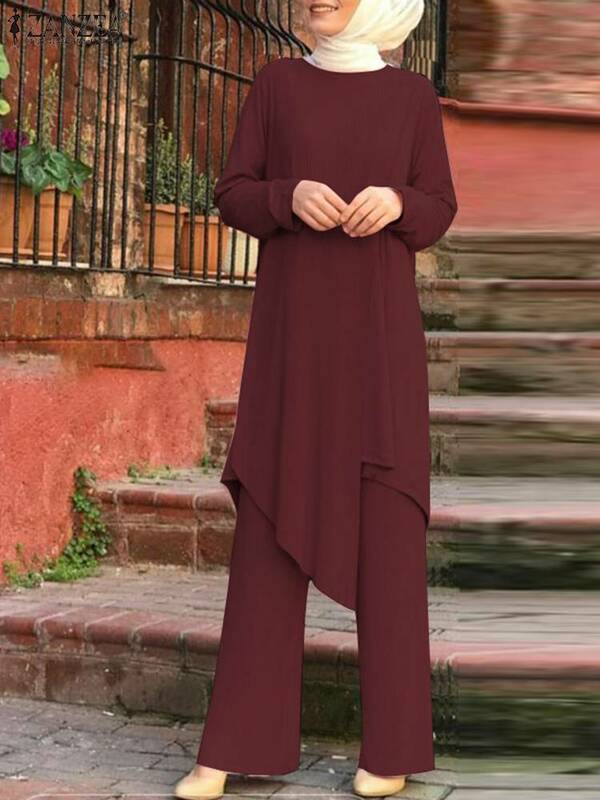 ZANZEA مجموعة أزياء نسائية متناسقة غير رسمية متينة إسلامية ramadan2قطعة قطع علوية غير متماثلة طويلة الأكمام سراويل تناسب الملابس الإسلامية