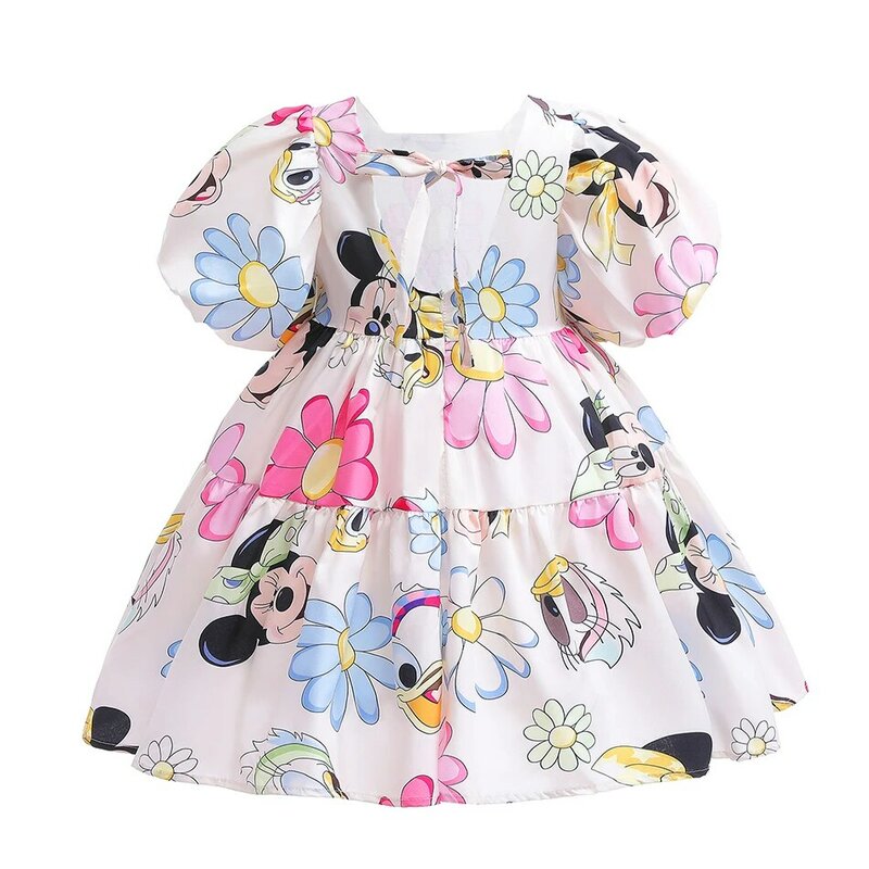 Disney Cartoon Print Princess Dress para crianças, roupas de bebê, Mickey Mouse bonito, manga soprada, traje floral do pato Donald, verão