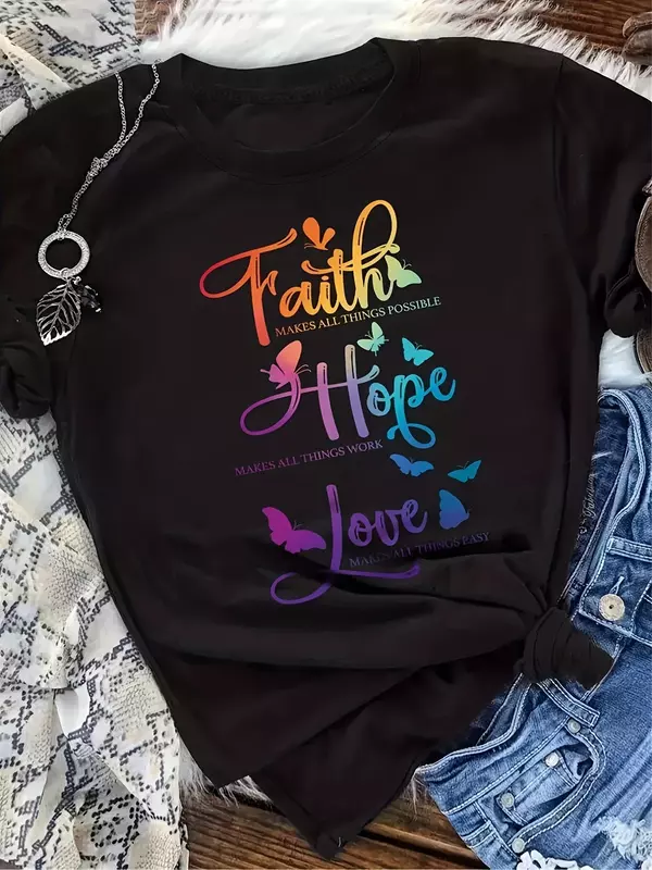 女性用faith & loveプリント半袖Tシャツ,ラウンドネックのカジュアルトップ,グラフィックウェア,ヴィンテージ,コットン,原宿