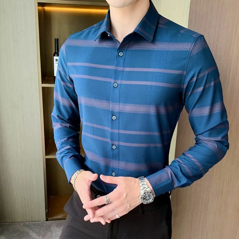 Camisa de seda gelo xadrez xadrez listrado na moda masculina, camisa fina de manga comprida, top versátil com gola masculina, casual, primavera, verão, novo