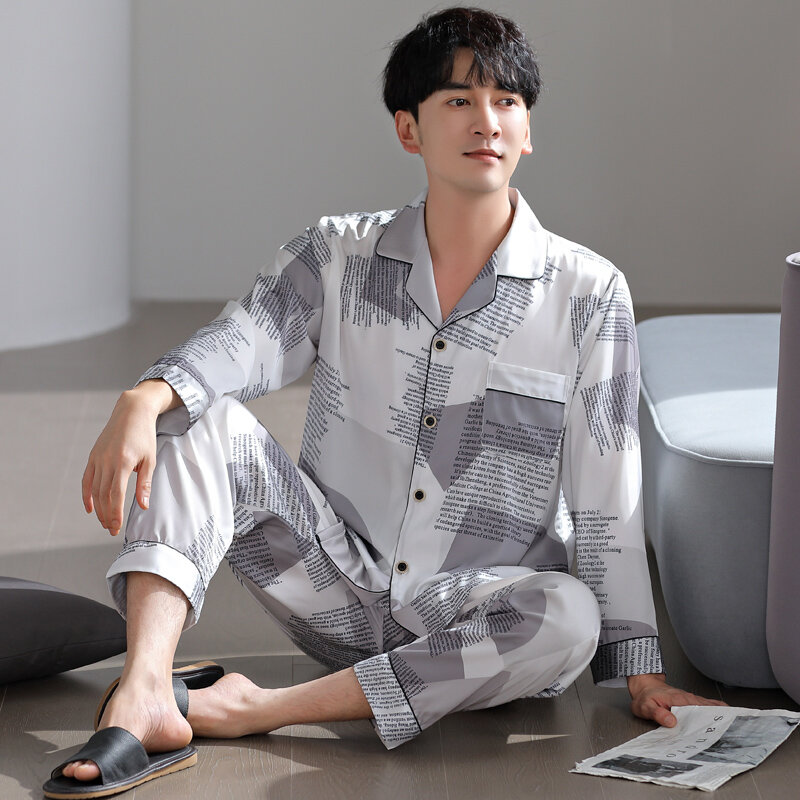 Conjunto de Pijama de seda satinada para hombre, ropa de dormir de manga larga con cuello vuelto, primavera y otoño