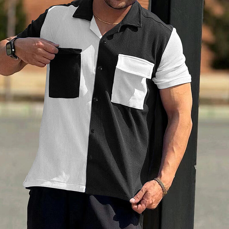 Summer Men's Party Shirts Short Sleeves Cardigan Color-matching Soft Anti Pilling Beach Casual Fashion Brand Tee Shirts