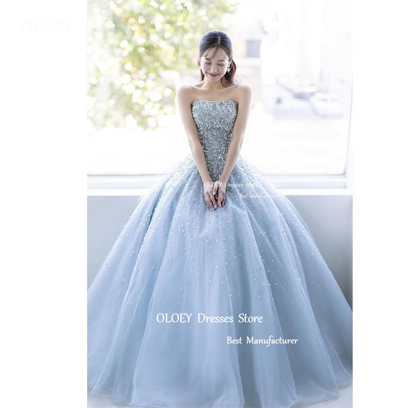 OLOEY gaun malam Korea biru terang berkilau manik-manik berkilau pernikahan tali tembak foto peri gaun Prom korset belakang