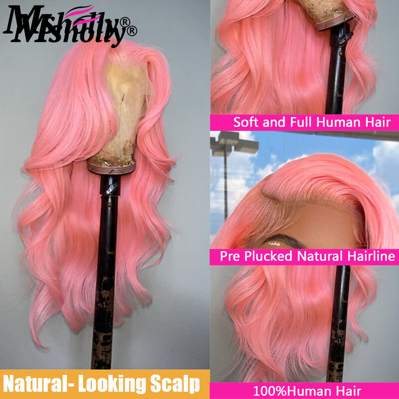 Perruque Lace Body Wave Brésilienne Naturelle, Cheveux Humains, Couleur Rose, Sans Colle, Pre-Plucked, pour Femme