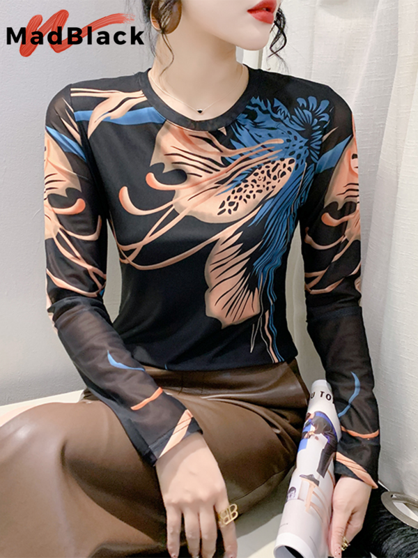 Madin-Top feminino de malha com pescoço alto, camiseta slim fit, impressão de posição, manga longa, roupas européias, outono, inverno, T30467JM