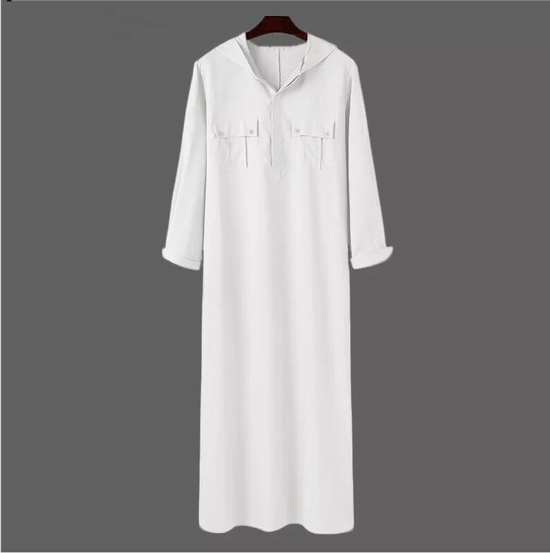 Jalabiya Eid abbigliamento uomo musulmano sciolto tinta unita Abaya maniche lunghe bottone lunghezza caviglia camicie tascabili con cappuccio abiti Abaya