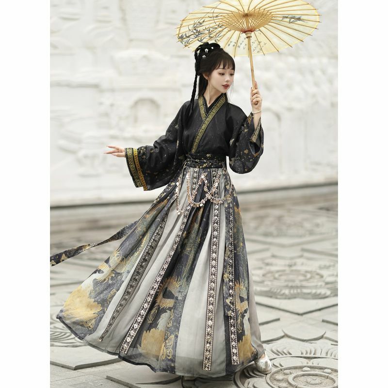 Saia feminina hanfu wei jin estilo chinês, saia com gola tradicional, sistema jin, traje diário para outono e inverno