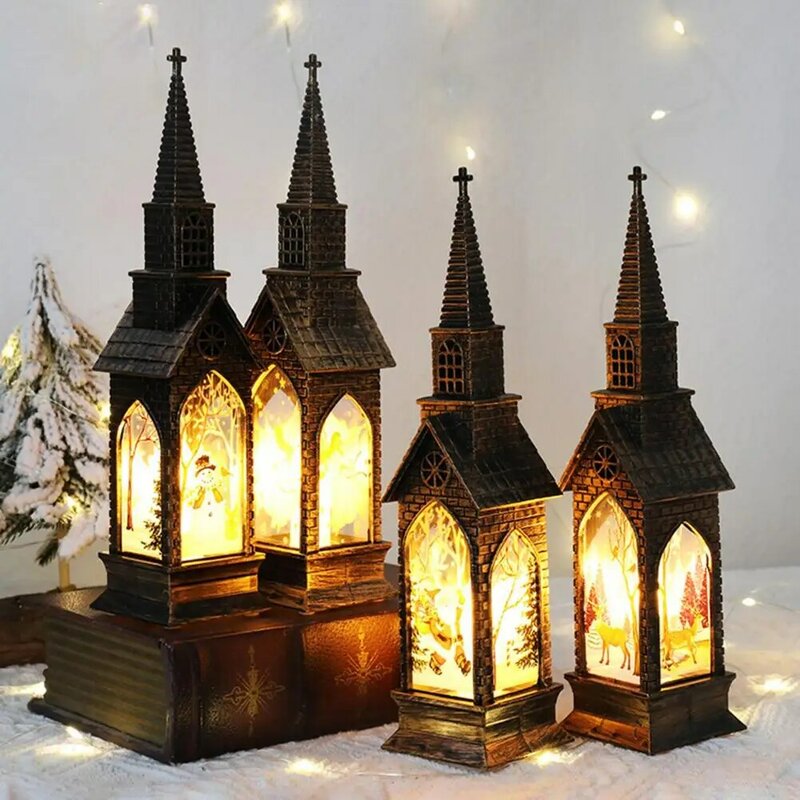 Plastikowa lampa świąteczna lampa świąteczna biurkowa w stylu Vintage zasilanie bateryjne latarnia bożonarodzeniowa dom światła uroczy bezpłomieniowy do domu