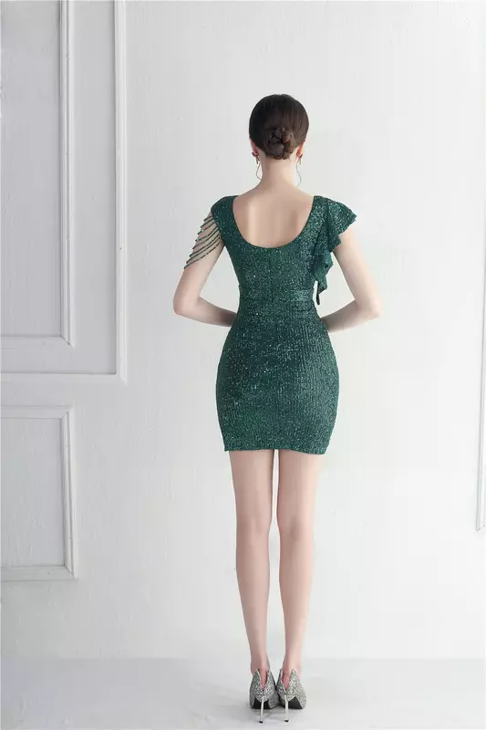 Sladuo Sexy Elegant Ruffles  Sequin Short Sleeve Women Bodycon Midi Dress Party Evening Dress
