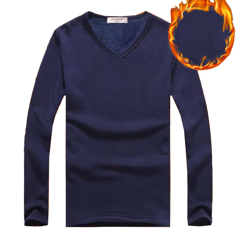 Camiseta térmica de manga longa masculina, camiseta quente, gola V, pulôver slim fit de lã, tops de inverno, roupas íntimas