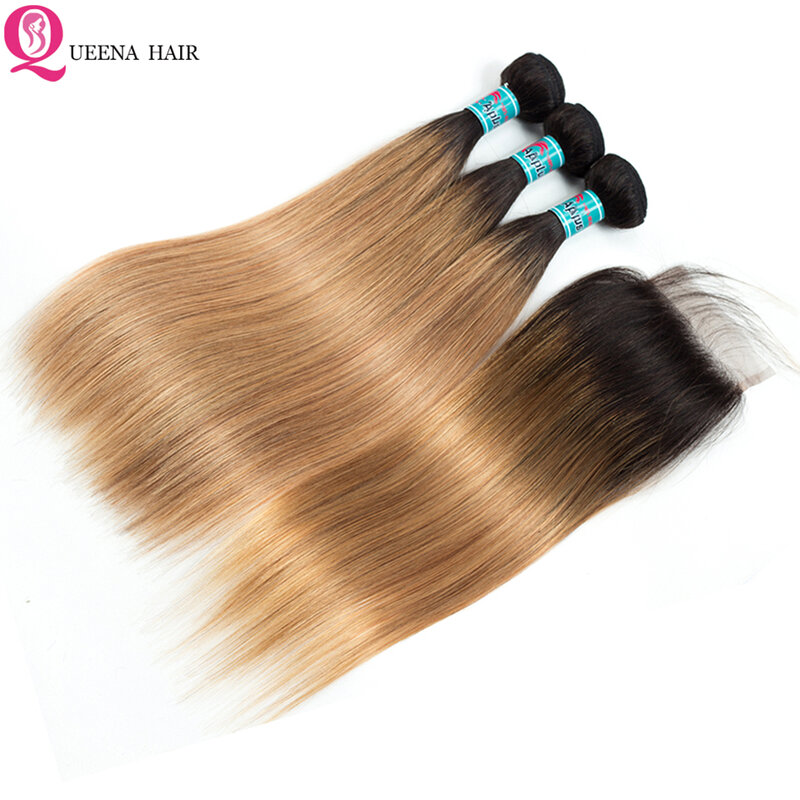 Pacotes de cabelo humano indiano cru com fechamento 1b/27 loira ombre pacotes com fechamento pacotes retos com fechamento 10a queena cabelo