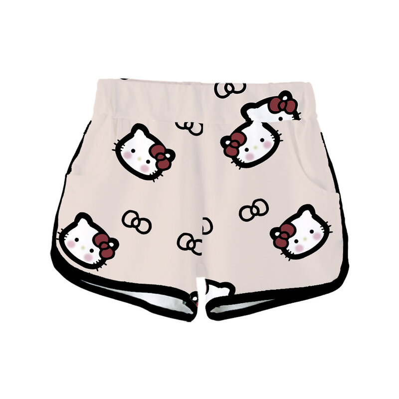 Mulheres Sanrio Hello Kitty 3D Shorts Impressão Digital, Casual Shorts Home, Roupas de verão, Tendência
