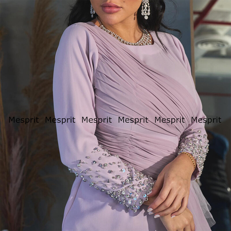 Gaun malam ungu modis gaun pesta koktail berlipat leher bulat lengan panjang berpayet panjang pergelangan kaki gaun Prom Arab