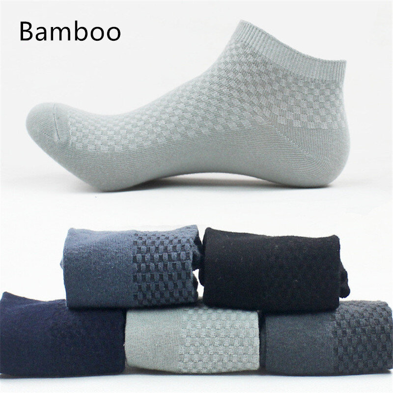 Meias de fibra de bambu respirável masculinas, meias invisíveis para o tornozelo, pretas, 5 pares