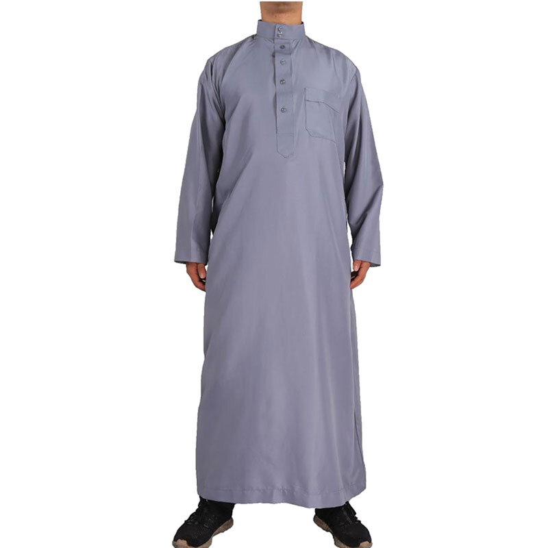 Bata informal para hombre, cuello levantado musulmán Thobe, Color sólido, bolsillo, manga larga, Jubba, moda de Arabia, ropa musulmana de Dubái