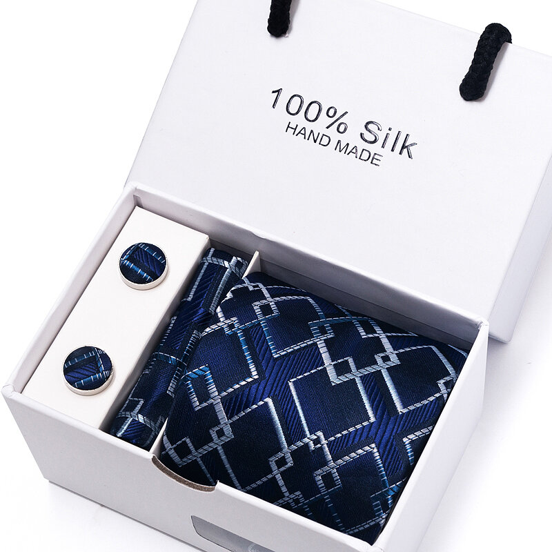 Alta qualidade seda venda quente presente do feriado gravata conjunto caixa de gravata azul homem dot acessórios casamento ajuste local de trabalho