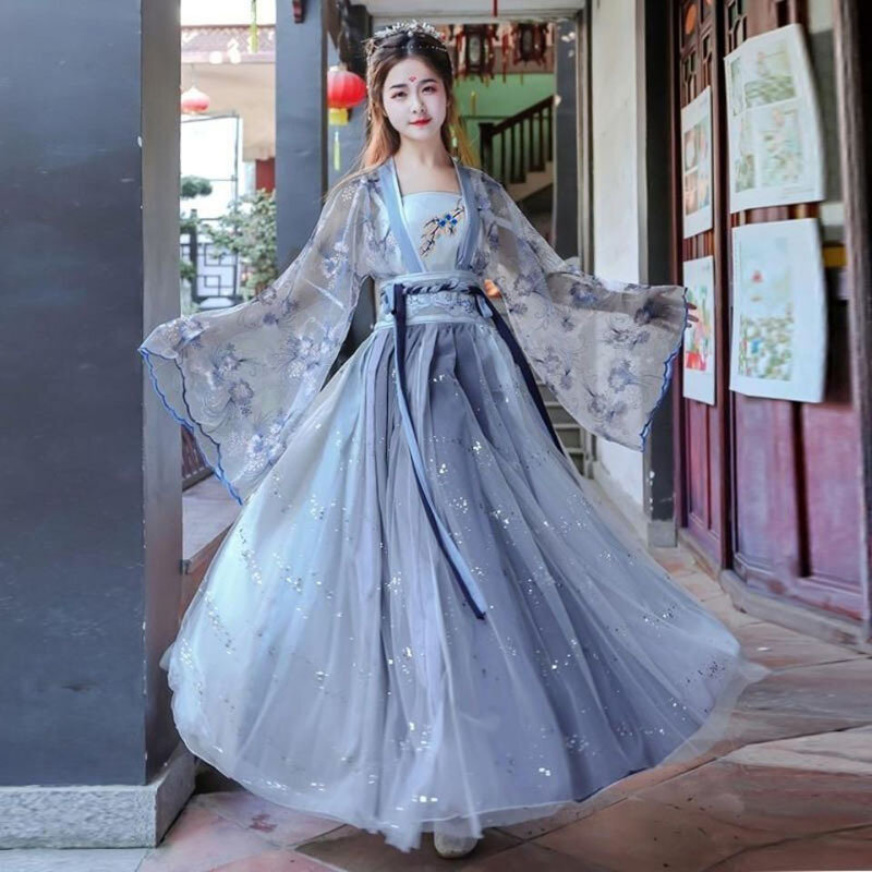Neue chinesische Art Fee Hanfu Anzug Polyester Blumen druck Taille Freizeit kleider Länge bis Knöchel atmungsaktive Frauen kleidung