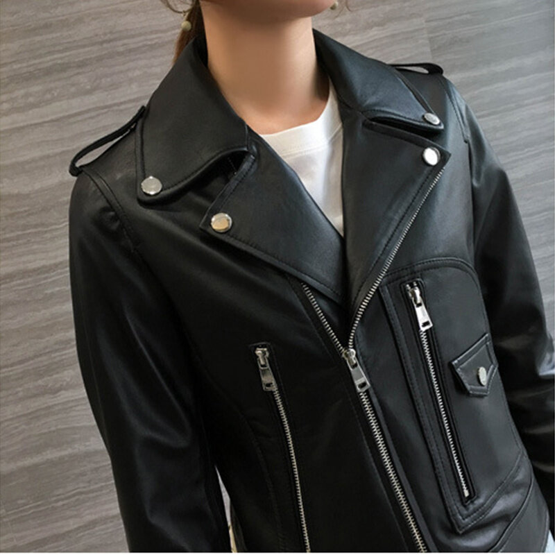 Alta qualidade de luxo da marca feminina moto motociclista jaqueta 2023 primavera e outono rua terno lapela couro real pele carneiro zíper punhos