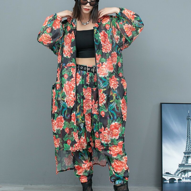 2024 estate nuovo stile cinese peonia sottile giacca lunga irregolare con cappuccio + pantaloni Harem Set di due pezzi Set di pantaloni moda donna LX1044