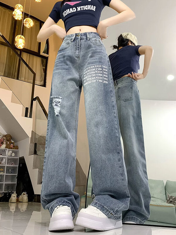 Jmrs donna Streetwear buco Jeans lettera Vintage pantaloni larghi Casual in Denim pantaloni americani retrò Harajuku a vita alta Bf Design