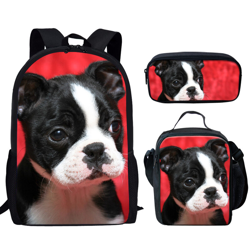 Cute Pet Dog Padrão Bolsas escolares para meninos e meninas adolescentes, saco leve, Casual Lunch Bag, Lápis Case, 3 pcs
