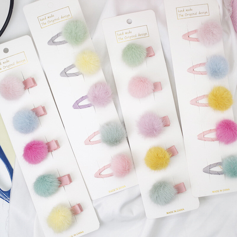 5 Stks/set Mini Hair Pin Clips Kostuum Bobbles Haarspeldjes Leuke Kawaii Solid Candy Kleur Pompoms Baby Haarspelden Voor Meisjes Accessoires