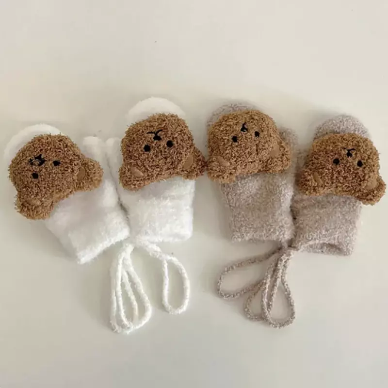 Оригинальные детские варежки с мультяшным медведем, зимние теплые детские перчатки для девочек, вязаные детские плотные варежки для малышей