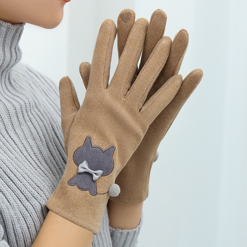 Женские теплые мягкие перчатки для сенсорного экрана, эластичные ветрозащитные перчатки с мультяшным котом для вождения, для осени и зимы
