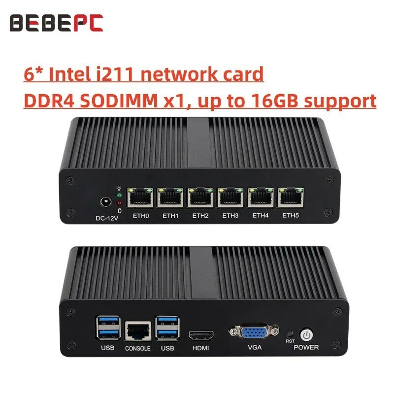 BEBEPC-Mini Roteador Fanless, Intel 4405U, 6 * LAN, i211 Nics, 1 * RS232, 3G, Módulo 4G, pfsense, Firewall, Soft VPN, Linux, Win 10, 11 PC