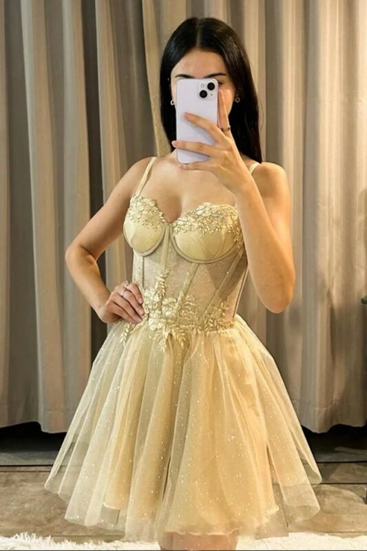 Women's Glitter Tulle Sleeveless V-Neck Short Prom Dress 3D Flowers Spaghetti Straps Formal Party Homecoming Dresses With Teens