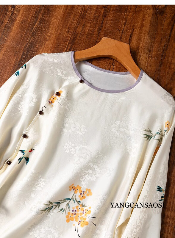 Женская рубашка в древнем стиле «Цзяннань весенний Дневник», мягкая 100% натуральная рубашка из шелка тутового шелкопряда, жаккардовая рубашка HuaLuo с круглым вырезом и рукавами реглан