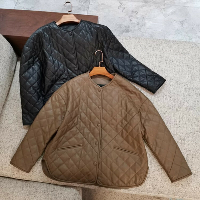 Women's Leather Jacket with Thin Cotton OL Diamond Check, Imported Sheepskin Tops, Autumn Fashion