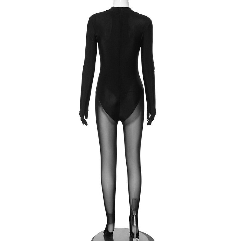 Macacão feminino em retalho de cintura alta, macacão magro elegante com luvas, manga comprida, primavera e verão 2022