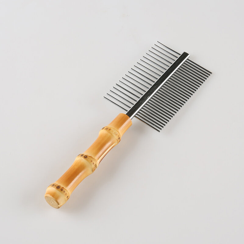 Massaging Grooming Stainless Steel Double Sided Dense Wide Teeth Natural Wooden Bamboo Root Handle Dog Cat Hair Brush Pet Comb