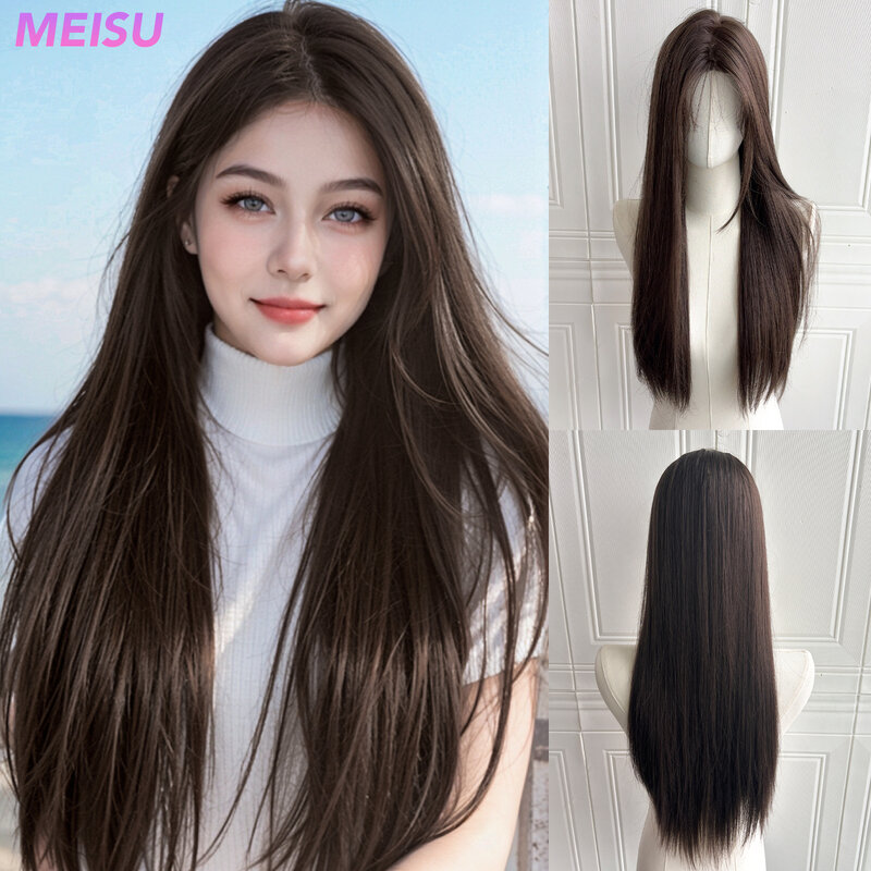 MEISU 28 Inch Brown Front Lace Wigs Straight Wigs Fiber Synthetic Heat-resistant Realistic Curly Wigs Party For Women