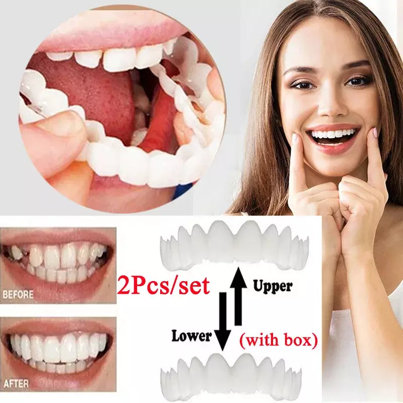Silicone dentes branqueamento cintas, dentes superiores inferior conjunto com caixa, sorriso perfeito simulação dentadura, tampa dos dentes, 2pcs por conjunto